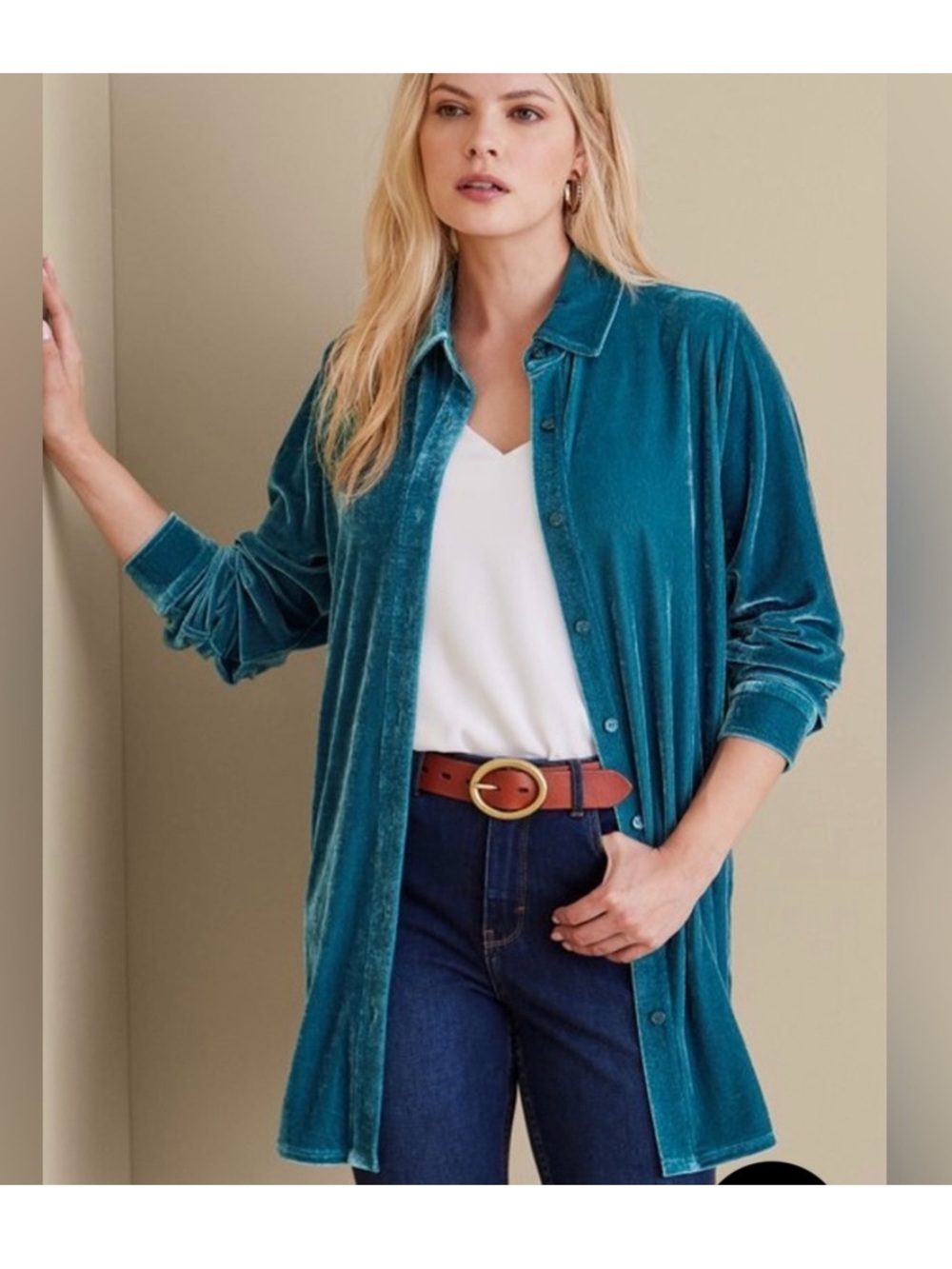 Soft Surroundings Velvet Boyfriend Tunic Shirt Teal Size Lg
